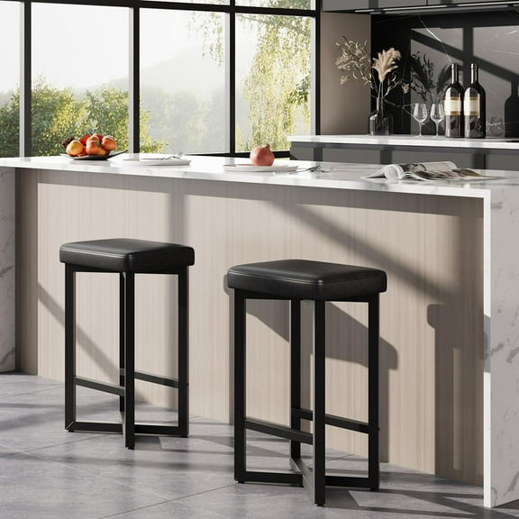 Ataucjin Bar Stools Set of 2, 24.6" Upholstered Counter Height Bar Stools with Metal Frame & Footrest, Modern Backless Kitchen Barstools with PU Leather for Home Bar, Dining Room