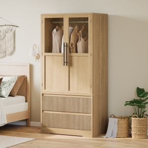 Ataucjin Bedroom Wooden Armoire Wardrobe Closet,Wardrobe Armoire Cabinet with Wood Doors and 2 Drawers, Freestanding Armoire with Shelves & Hanging Rod for Bedroom, Living Room,Clothes