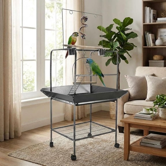 Ataucjin Bird Playstand, 62 Inch Height Birdcage Stand Activity Play Center w/Perches and Ladders, Indoor Outdoor Playground for Parakeet, Cockatiels Conures Macaw 64 Inches Black Hammertone Finish