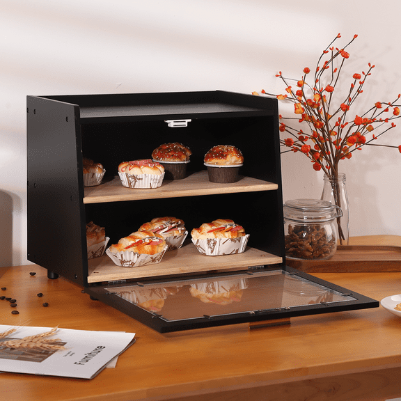 Ataucjin Bread Box, Double Layer Bamboo Bread Bin with Acrylic Door Panel, Large Capacity Bamboo Bread Storage Container, Countertop Bread Container, Bread Holder
