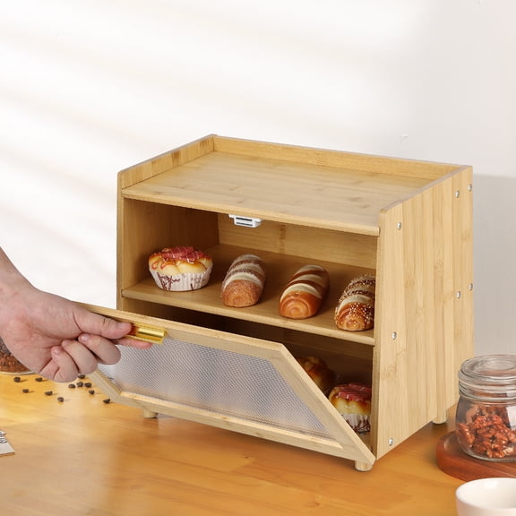 Ataucjin Bread Box, Double Layer Bamboo Bread Bin with Acrylic Door Panel, Large Capacity Bamboo Bread Storage Container, Countertop Bread Container, Bread Holder
