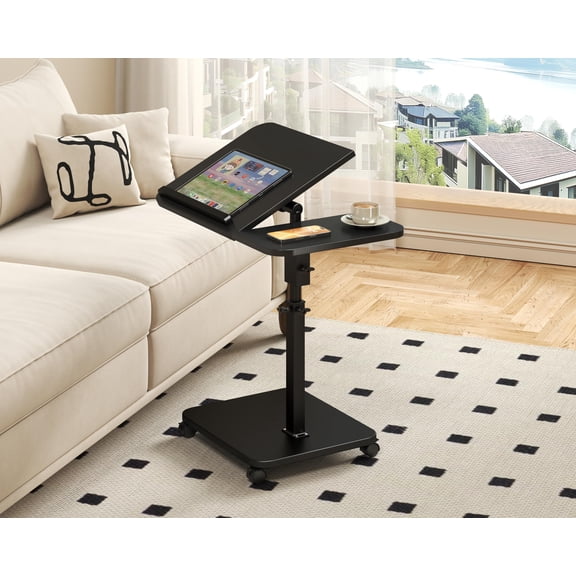 Ataucjin C Table End Table Adjustable Height, 180°Swivel TV Tray Table for Small Spaces, Side Tables with Wheels for Living Room and Bedroom Bed Couch Tables That Slide Under Sofa
