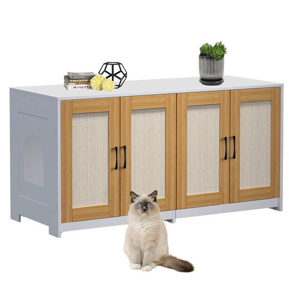 Ataucjin Cat Litter Box Enclosure for 2 Litter Boxes, 47'' Hidden Litter Box Enclosure with Double Room, Wooden Cat House TV Stand Sideboard with 4 Sisal Doors