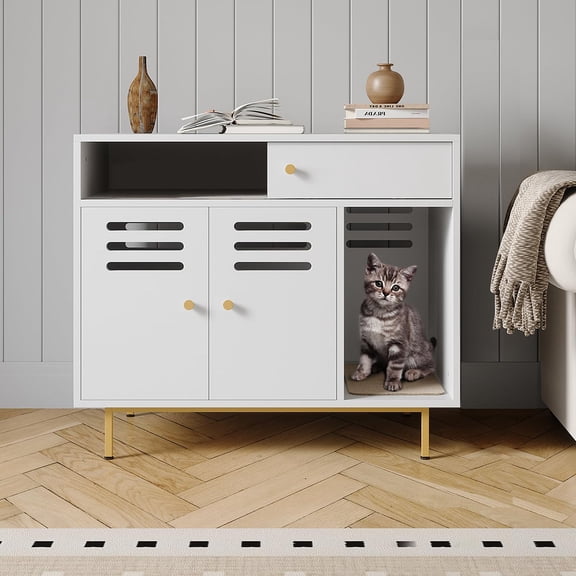 Ataucjin Cat Litter Box Enclosure with Storage Shelf, Hidden Litter Box Furniture with Metal Legs and Ventilated Panel, Indoor Cat House