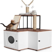 Ataucjin Cat Tree Litter Box Enclosure with Hidden Litterbox, Wood L-Shaped Corner Cat House Pet Furniture with Scratching Post Board Toy Balls and Play AreaLarge Tall Cat Tower for Indoor Cats