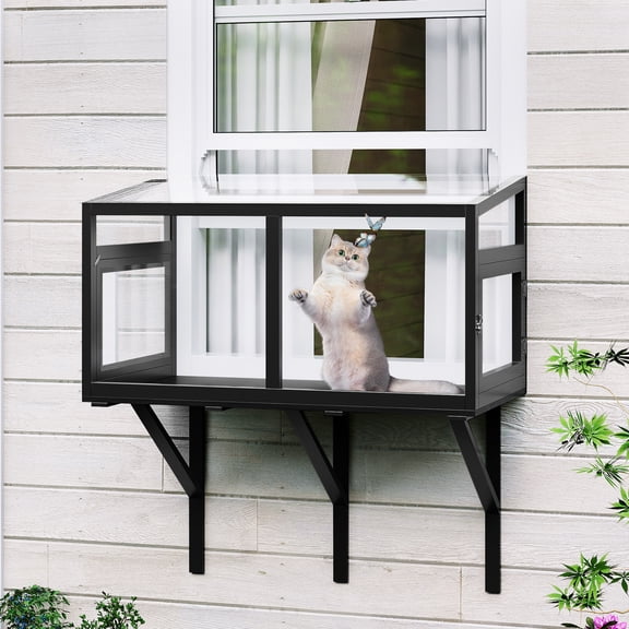 Ataucjin Cat Window Box Enclosure, Clear View Window Catio for Indoor Cats, Fits Windows 24"-38", Weatherproof Wood Cat Window Perch for Sunbathing & Birdwatching, Sturdy Outside Cat House