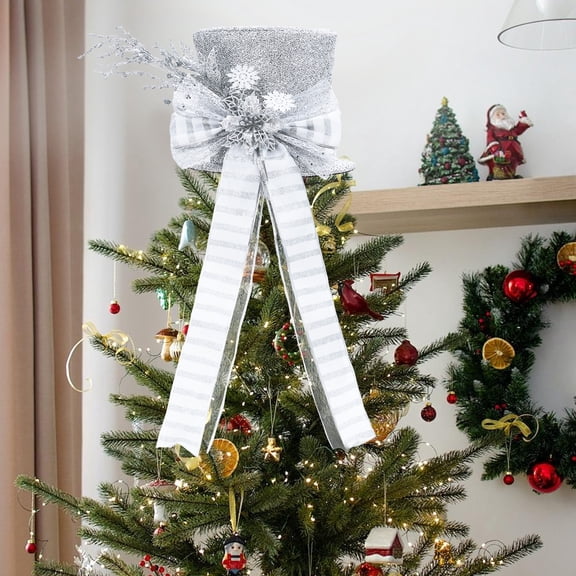 Ataucjin Christmas Tree Topper Hat, Christmas Tree Topper Bow,10" Top Hat with Bow, Snowflakes & Pompoms, Artificial Spruce & Spring for Easy Storage, Festive Tree Topper for Xmas Decor