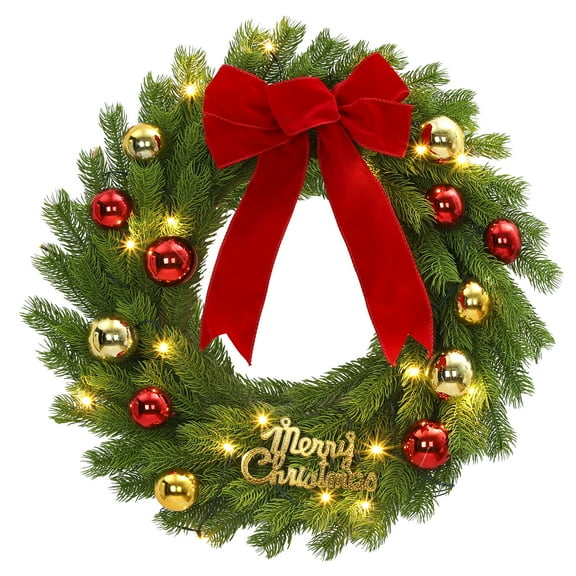 Ataucjin Christmas Wreath with Red Bow & Balls, 24 Inch Pre-Lit Front Door Wreath with 20 LED Lights, Artificial Christmas Decor for Fireplace, Window, Porch, Entryway