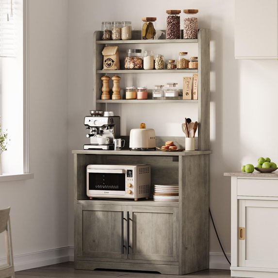 Ataucjin Coffee Bar Cabinet,Microwave Stand Bakers Rack Cabinet with Power Outlet and Storage,Thickened Counter,Farmhouse Bakers Rack Kitchen Cabinet,Freestanding Kitchen Bakers Rack with Storage