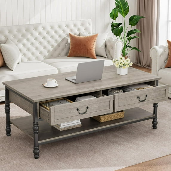 Ataucjin Coffee Table with Drawers, 41" Large Center Table with Storage Rectangular Cocktail Table, Mid Century Wooden Coffee Tables, Retro Living Room Table Vintage Tea Table