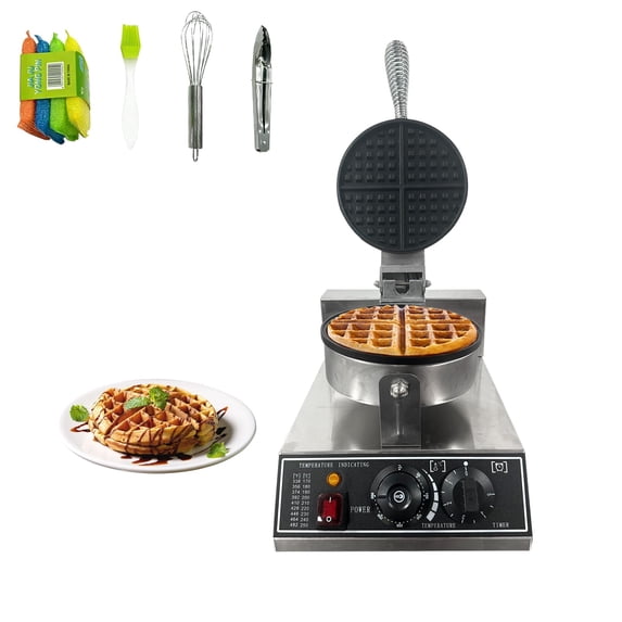 Ataucjin Commercial Waffle Maker,1200 W Round Nonstick Waffle Iron, Rotatable Waffle Baker Machine With 122-572℉ Temp Range and Time Control, Stainless Steel Waffle Maker eflon-Coated Baking Pan