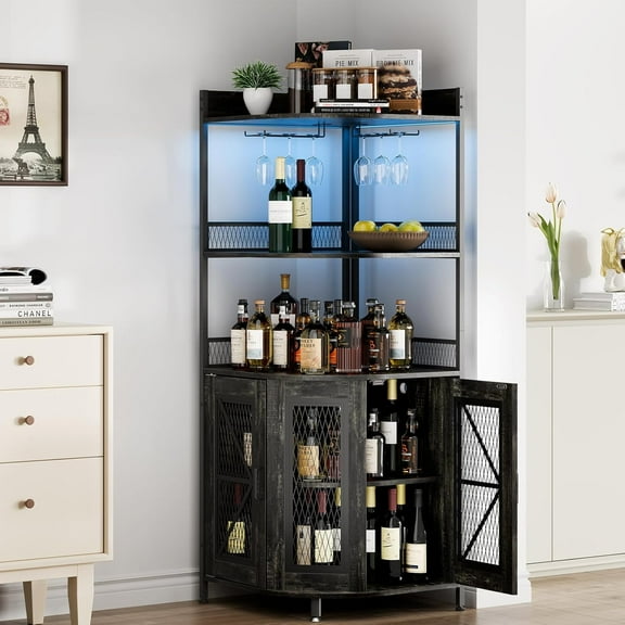 Ataucjin Corner Bar Cabinet With Power Outlet,64.2''Tall Wine Cabinet With LED Lights&Glass Holder,Wine Cabiner for Liquor, -Tiers Liquor Cabinet Bar With Storage,Corner Display Shelf or Home, Living