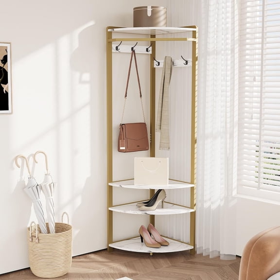 Ataucjin Corner Coat Rack with Shoe Bench Entryway Corner Hall Tree with Shoe Bench and 12 Double Hooks, 3-in-1 Multifunctional Corner Coat Rack with Storage Organizer Shelf, 70.8 Inch