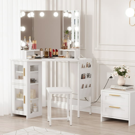Ataucjin Corner Vanity Desk and Stool, Corner Makeup Vanity with LED Lighted Mirror Charging Station and Cabinet for Bedroom