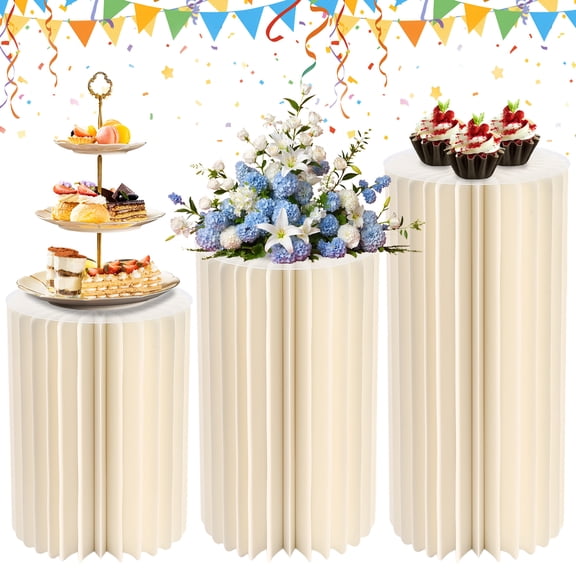 Ataucjin Cylinder Stands for Party Set of 3, Round Foldable Pedestal Stand Cylinder Tables with Acrylic Disc, for Parties, Baby Shower, Birthday, Wedding Event Centerpieces and Display Decor