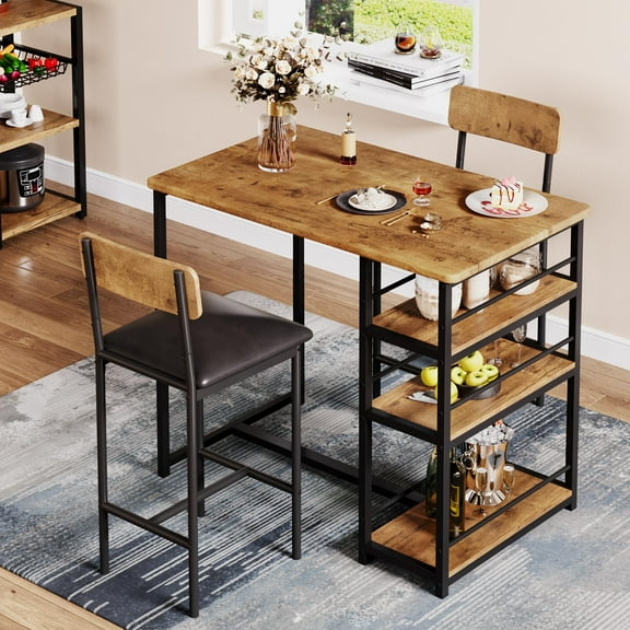 Ataucjin Dining Table Set For 2 Bar Table And Chairs Set With Storage Shelves Wine Rack 2 Upholstered Cushion Bar Stools 3 Piece Counter Height Pub Table Set For Small Space Apartment Kitchen