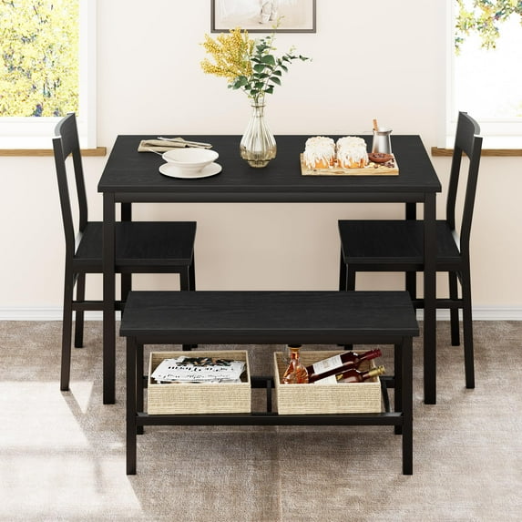 Ataucjin Dining Table Set for 4, Kitchen Table with 2 Chairs, Bench with Storage Rack, 4 Pieces Dining Room Table Set for Small Place, Apartment, Kitchen