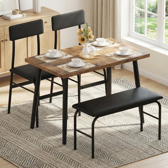 Ataucjin Dining Table Set for 4, Wood Kitchen Table with Upholstered Bench & 2 Chairs, Space-Saving Furniture for Studio, Kitchen, Dining Room, Apartment
