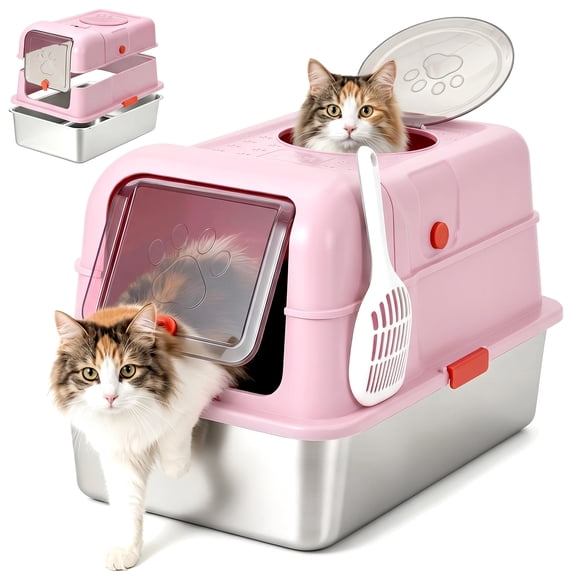 Ataucjin Dog Proof Stainless Steel Cat Litter Box with Lid – Fully Enclosed, Top Entry, High Sided for Leak Protection, Scoop Included, Perfect for Large & Multi-Cat Homes – Pink