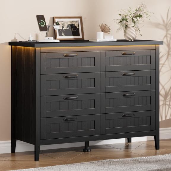Ataucjin Drawer Chest Dresser with LED Lights and Charging Station, Wood Storage Cabinet with Smart RGB App & Remote Control, Built-in USB-A Type-C AC Outlets