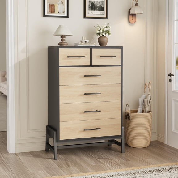 Ataucjin Dresser with 6 Drawers,46.6" Tall Dresser,Vertical Tall Dresser for Bedroom,Tall Drawer with Storage Freestanding,Wooden Closet Storage Dressers,Chest of Drawers for Living Room,Bedroom