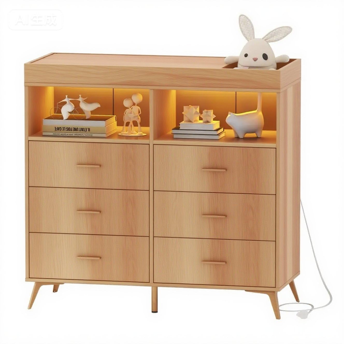 Ataucjin Dresser for Bedroom with 6 Drawers, Multi-Functional Changing Dresser with LED Lights & Charging Station,Changing Table Table with Diaper Changing Station（ship in 2 boxes）
