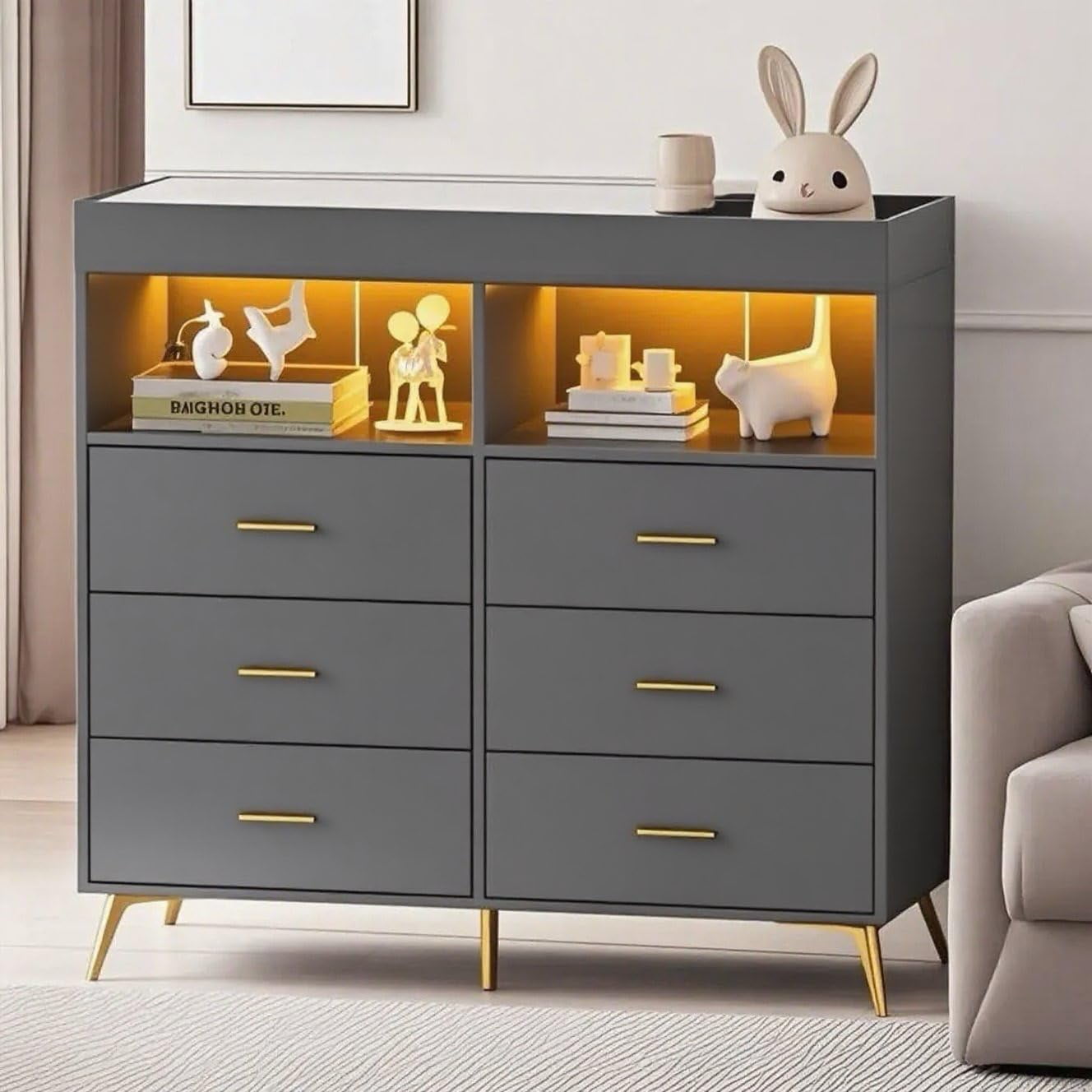 Ataucjin Dresser for Bedroom with 6 Drawers, Multi-Functional Changing Dresser with LED Lights & Charging Station,Changing Table Table with Diaper Changing Station（ship in 2 boxes）