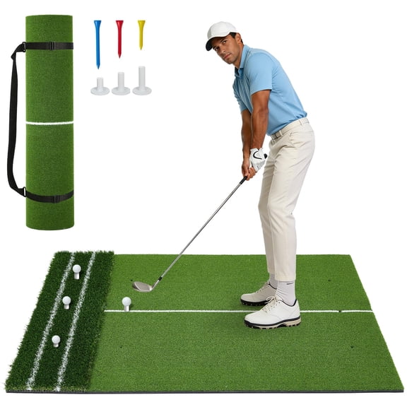 Ataucjin Dual Turf Golf Hitting Mat 5x4 ft, 45mm Thick, Practice Indoor Outdoor, Golf Swing Mat with Alignment Lines, 9 Tee Holes, Non-Slip Base, Portable Golf Practice Mat for All Golfers