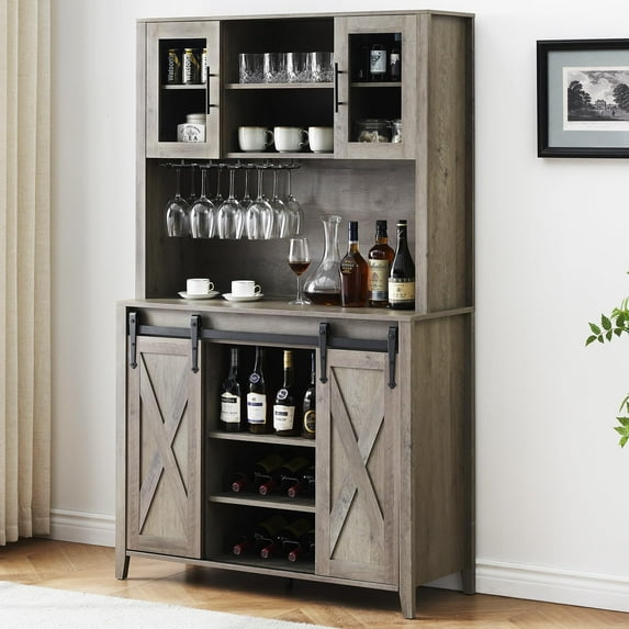 Ataucjin Farmhouse Bar Cabinet with Sliding Barn Door 69" Rustic Liquor Cabinet with Wine and Glasses Rack Wine Cabinet with Storage Hutch Cabinet Sideboard Cupboard for Kitchen Fire Color