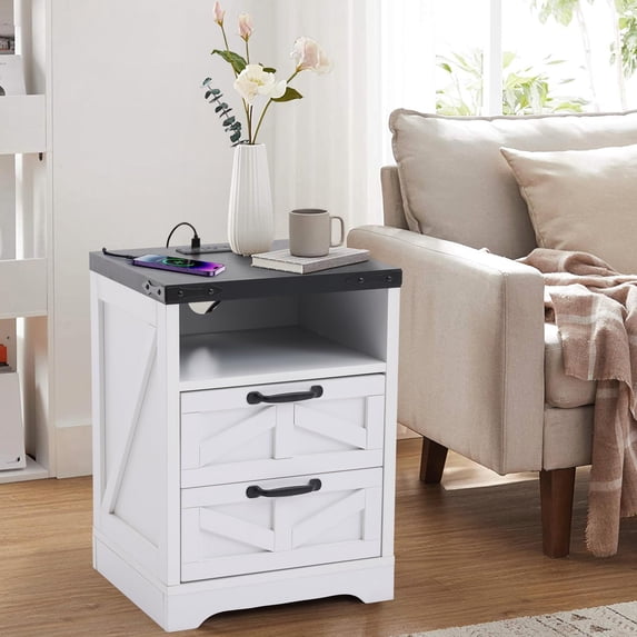 Ataucjin Farmhouse Nightstand with Fast Charging Station,Bed Side Tables Bedroom with 2 AC Outlets, 2-Drawer USB & Type-c Ports,Industrial End Table for Bedroom, Living Room