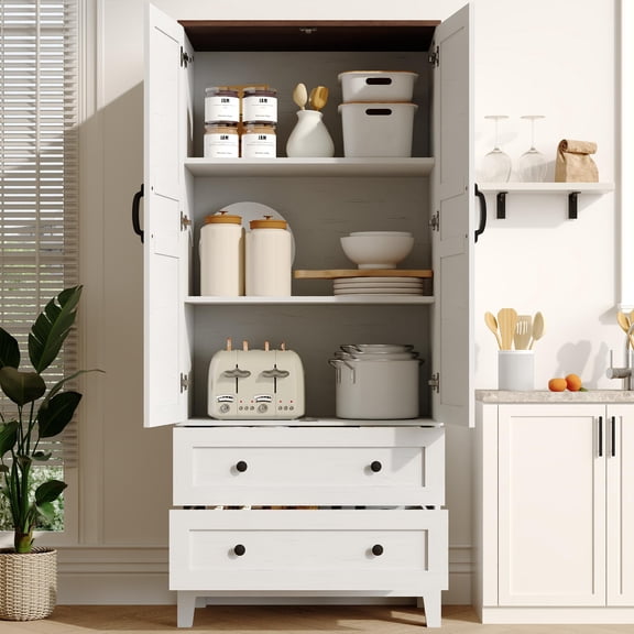 Ataucjin Farmhouse Tall Storage Cabinet 65" with 2 Drawers, Anti-Tipping Stable Pantry Cupboard, Easy to Clean White Freestanding Storage for Living Room, Bedroom, Laundry Room