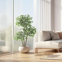 Ataucjin Ficus Artificial Tree 5ft Tall Fake Ficus Tree for Home Decor,Tall Faux Floor Plant with White Tall Planter -Fake Plants for Home Decor Indoor with 3 Natural Trunks & White-Edged Leaves