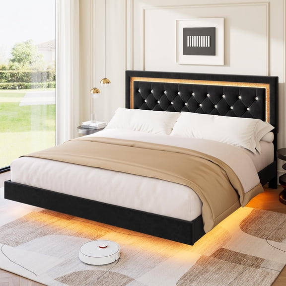Ataucjin Floating Bed Frame Full Size - Smart LED Lights, Diamond Tufted Headboard, Wood Slat Support, No Box Spring Needed, Quiet & Easy Assembly