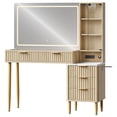thumbnail image 1 of Ataucjin Fluted Makeup Vanity Desk with 36" HD Lighted Mirror, 48" Big Modern Vanity Desk with Mirror and Lights, Dressing Table with 5 Drawers & Shelves, Glass Top for Bedroom, 1 of 6