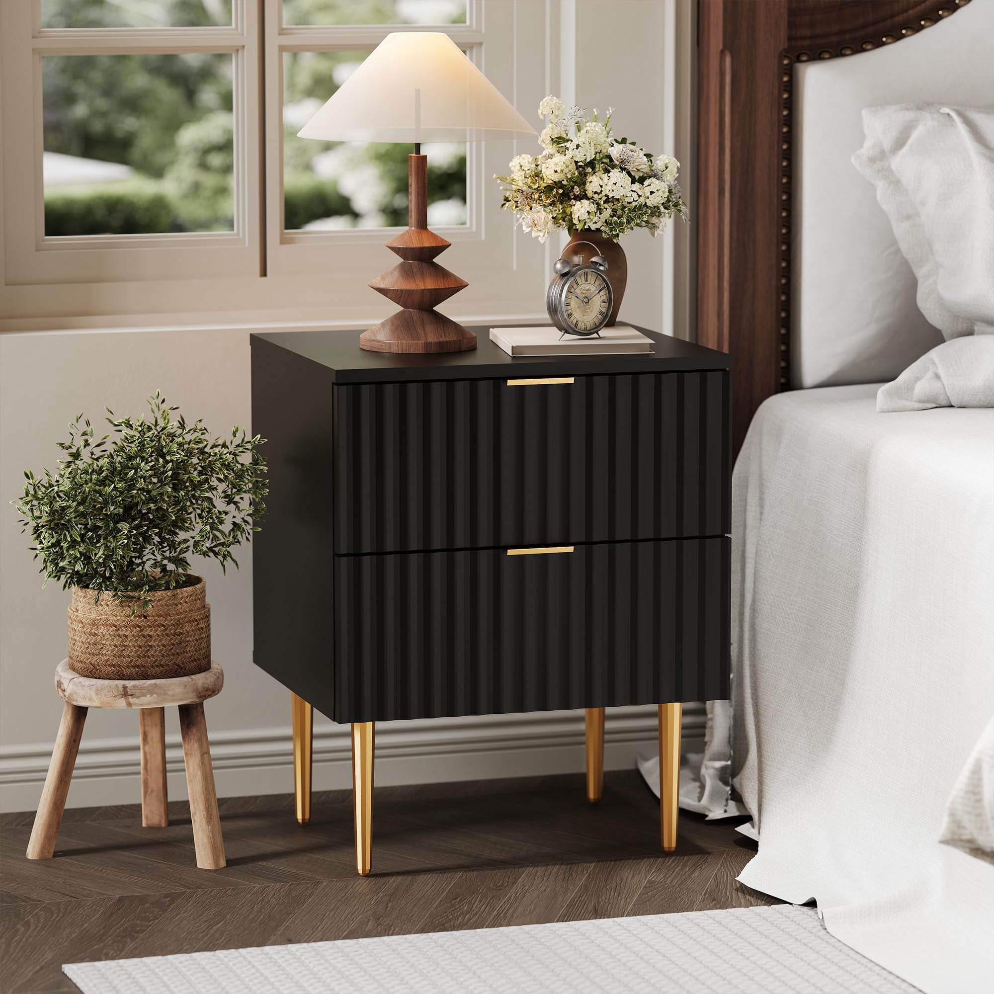 Curated visual reference: Fresh Look at Ataucjin Fluted Nightstand With Charging Station 2 Drawers Gold