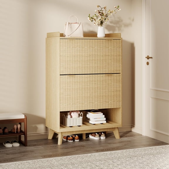 Ataucjin Fluted Shoe Storage Cabinet for Entryway with 2 Flip Drawers & Adjustable Shelves, 48" Tall Freestanding Narrow Wood Shoe Cabinet Curved Profile, Hidden Organizer for Living Room, Hallway