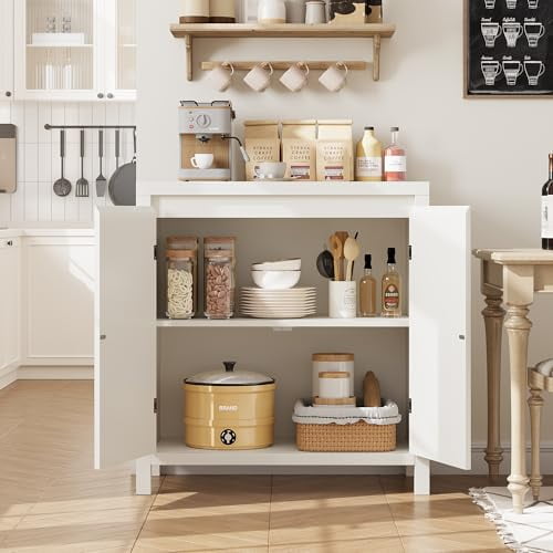 Ataucjin Fluted Storage Cabinet, Modern Sideboard Buffet Cabinet with Doors and Shelves, Small Console Cabinet with Storage, Wooden Accent Cabinet for Entryway, Living Room, Dining Room, White