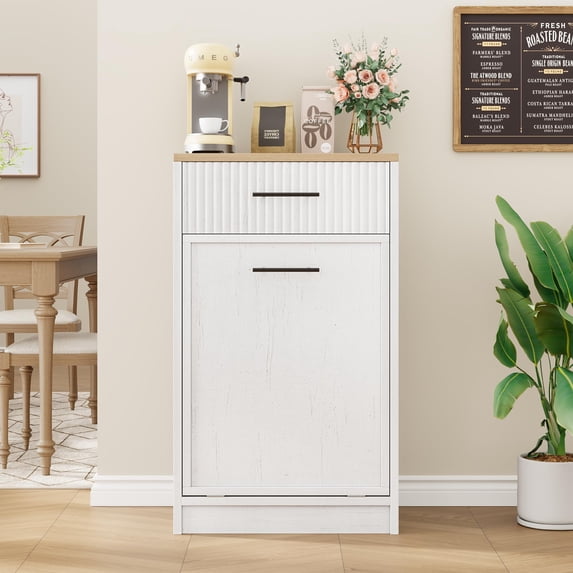 Ataucjin Fluted Tilt Out Trash Can Cabinet Kitchen Waste Bins,Hidden Garbage Can Cabinet 10 Gallon,Freestanding Dog Proof Trash Can Cabinet,Wooden Trash Can Hidden Trash Bin for Kitchen