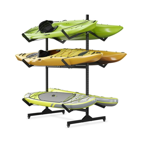 Ataucjin Freestanding Kayak Storage Rack with Wheels, Holds 2-6 Kayaks, Adjustable Hanger System with Straps & Padding, Heavy-Duty Steel Organizer Rack for Garage, Backyard, Outdoor