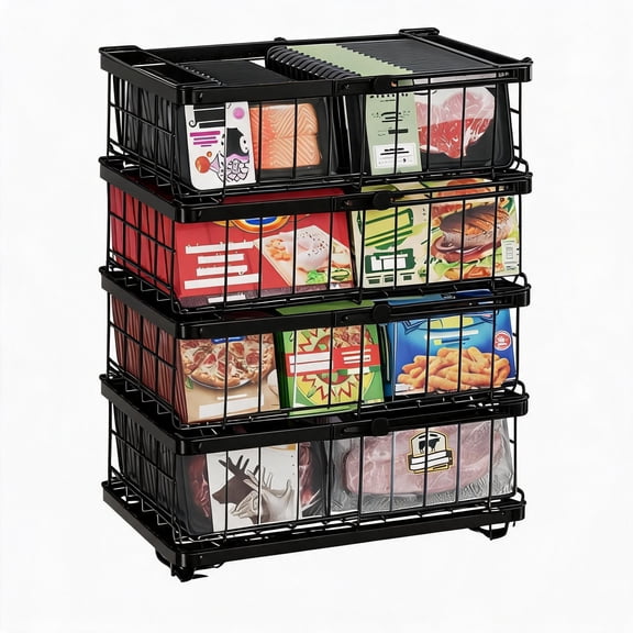 Ataucjin Freezer Organizer Bins, Adjustable Width 11.4" Expand to 17.9", Stackable Deep Freezer Organizer Bins, Easy Get Bottom Food with Handle, Chest Freezer Baskets Stackable for Sort Frozen Food