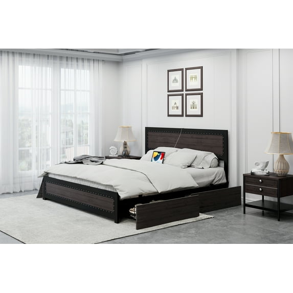 Ataucjin Full Bed Frame With Headboard, Industrial Platform Bed Frame With 4 Storage Drawers and Charge Station, Strong Metal Slats Support, No Box Spring Needed, Noise Free, Easy Installation, Grey