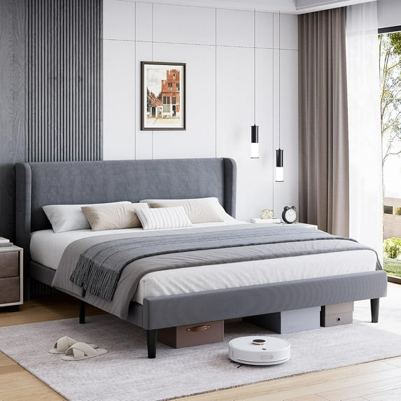 Ataucjin Full Bed Frame, Upholstered Platform Bed with Wingback Headboard, Velvet Upholstered Bed Frame with 2 Storage Pockets, Strong Wooden Slat Support, Easy Assembly, Box Spring Optional