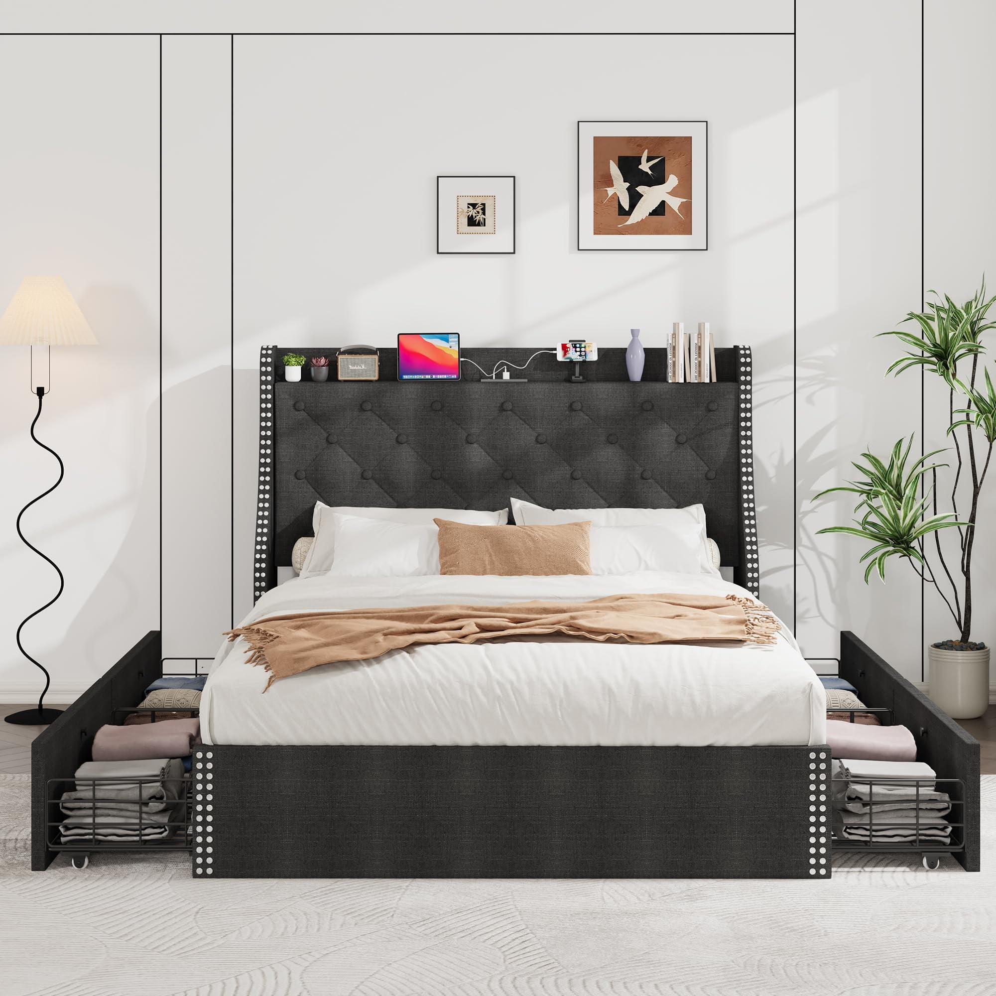 Ataucjin Full Size Bed Frame with 4 Storage Drawers & Charging Station ...