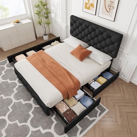 Ataucjin Full Size Bed Frame with 4 Storage Drawers,Upholstered Platform Bed Frame with Adjustable Headboard,Diamond Stitched Button Tufted,Wood Slats Support,No Box Spring Needed,Easy Assembly