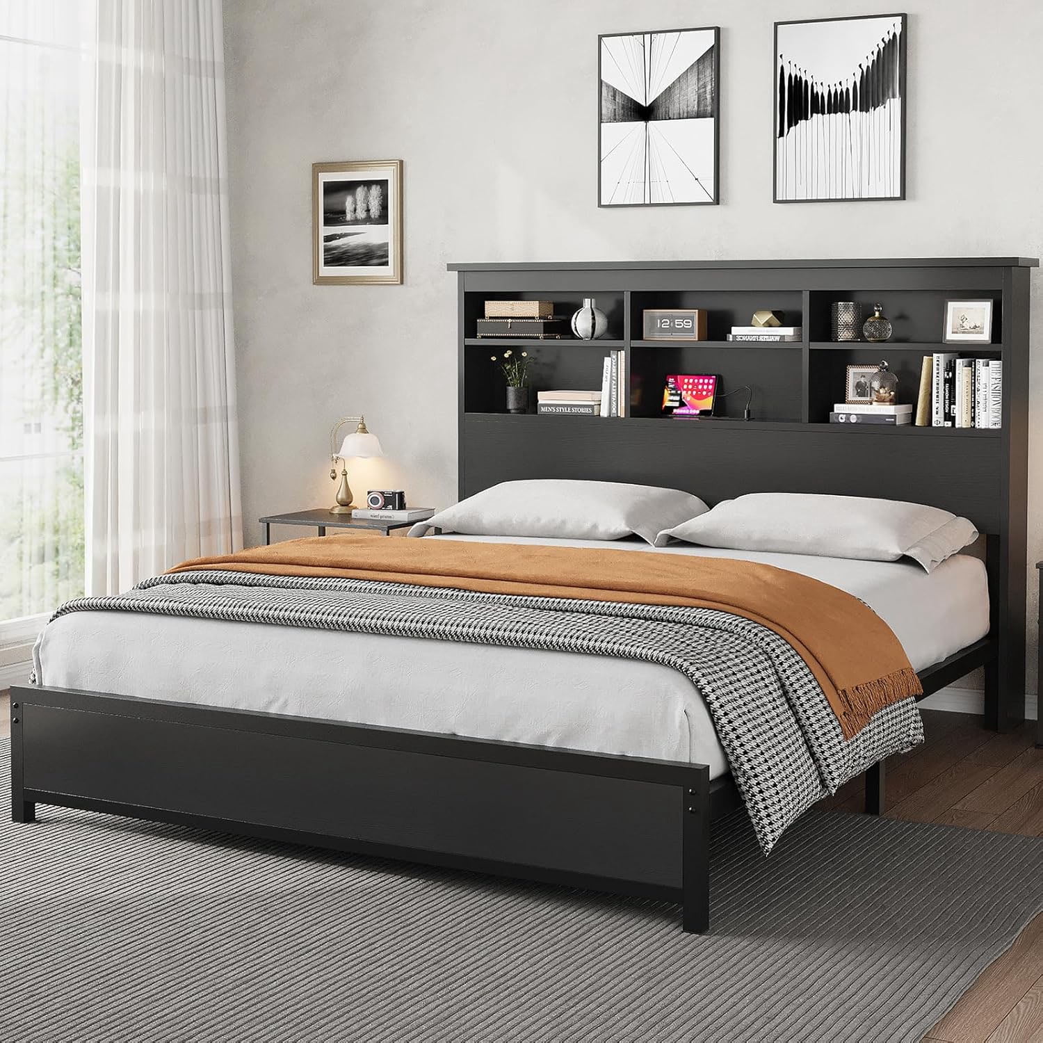 Ataucjin Full Size Bed Frame with Bookcase Headboard, 2-Tier Storage ...