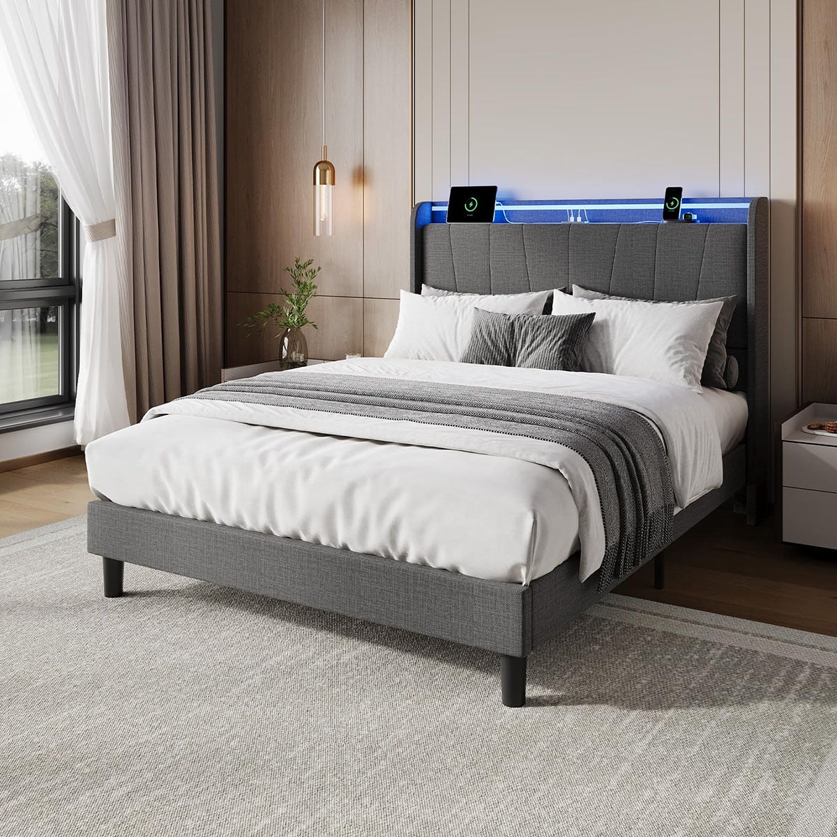 Ataucjin Full Size Bed Frame with Charging Station and LED Lights ...