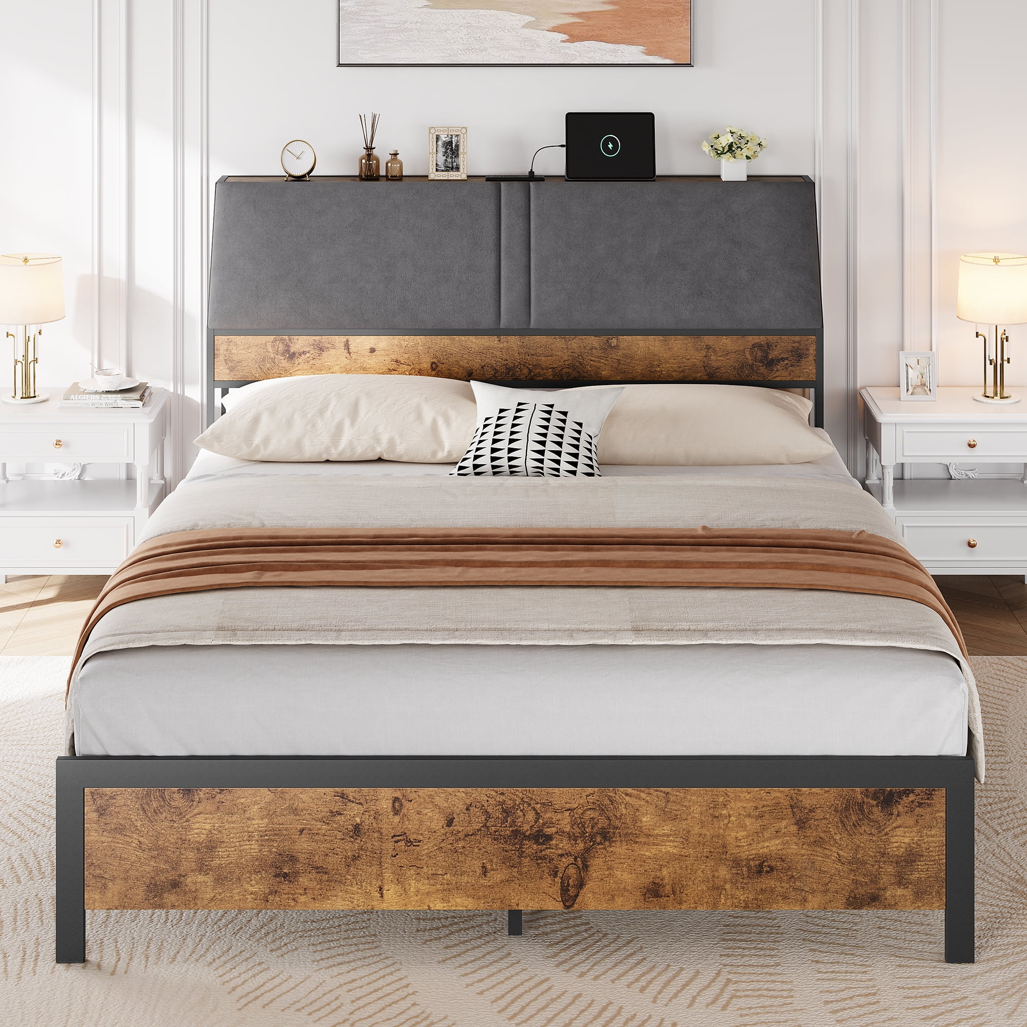 Ataucjin Full Size Bed Frame With Charging Station Upholstered Platform ...
