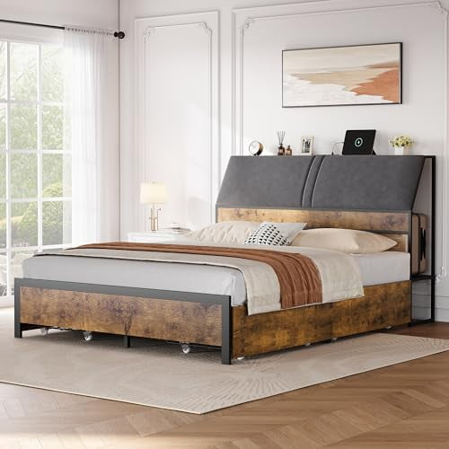 Ataucjin Full Size Bed Frame With Charging Station Upholstered Platform ...