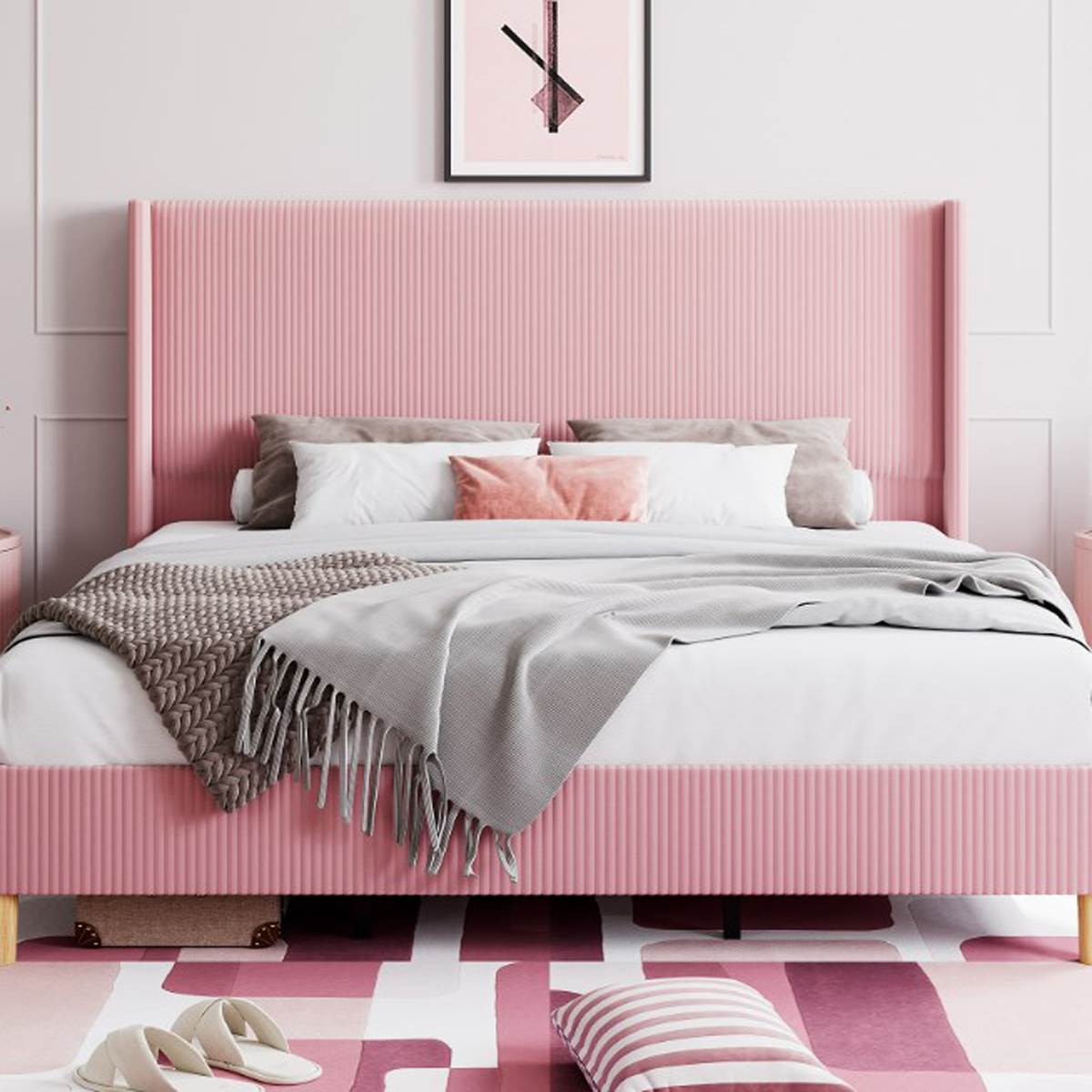 Ataucjin Full Size Bed Frame Queen Size Upholstered Corduroy Bed King