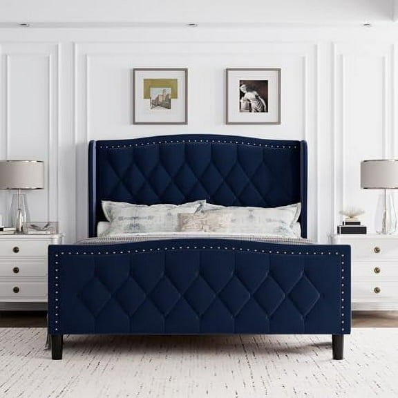 Ataucjin Full Size Bed Frame, Velvet Upholstered Platform Bed with Wingback Headboard, Wooden Slat Support, No Box Spring Needed, Easy Assembly